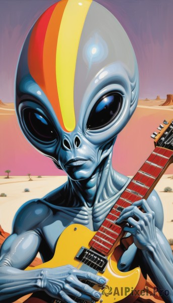 solo,looking at viewer,blue eyes,1boy,holding,upper body,male focus,no humans,colored skin,instrument,science fiction,realistic,sand,blue skin,music,guitar,playing instrument,holding instrument,electric guitar,alien,desert,1girl,shiny,muscular