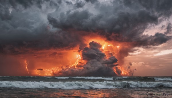 outdoors,sky,cloud,water,military,no humans,ocean,cloudy sky,fire,scenery,smoke,horizon,watercraft,explosion,ship,waves,lightning,warship,burning,electricity,battle