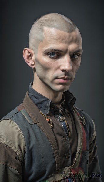 solo,looking at viewer,blue eyes,simple background,shirt,1boy,jewelry,closed mouth,jacket,upper body,grey hair,male focus,earrings,necktie,collared shirt,belt,grey background,vest,lips,facial hair,realistic,bald,very short hair,old,old man