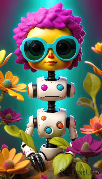 solo,looking at viewer,standing,pink hair,purple hair,flower,artist name,no humans,leaf,blue background,robot,goggles,mecha,yellow flower,purple flower,humanoid robot,non-humanoid robot,1girl,open mouth,blue eyes,upper body,parted lips,blurry,:o,orange eyes,heterochromia,sunglasses,pink flower,joints