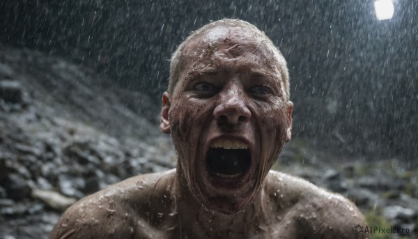 solo,looking at viewer,open mouth,1boy,male focus,outdoors,teeth,water,blurry,wet,blurry background,parody,portrait,rain,rock,realistic,wet hair,bald,old,old man,wrinkled skin,short hair,white hair,black eyes,night,close-up