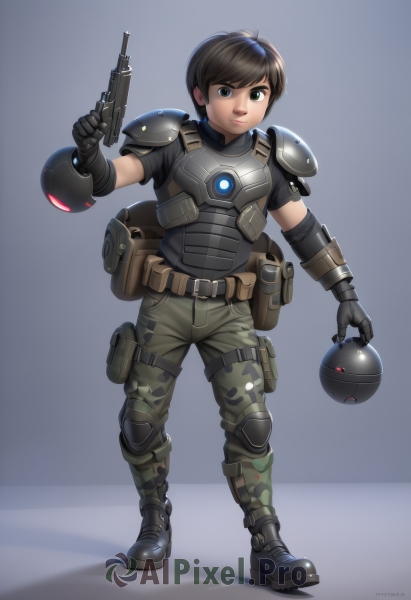 1girl,solo,looking at viewer,short hair,blue eyes,brown hair,black hair,gloves,1boy,holding,green eyes,full body,weapon,male focus,boots,belt,holding weapon,armor,uniform,gun,military,military uniform,heterochromia,helmet,holding gun,handgun,headwear removed,pouch,holster,knee pads,shoulder pads,camouflage,elbow pads,helmet removed,bulletproof vest,smile,shoulder armor,science fiction