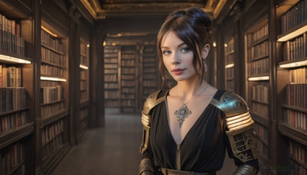 1girl,solo,breasts,looking at viewer,short hair,bangs,brown hair,black hair,dress,cleavage,jewelry,medium breasts,closed mouth,collarbone,upper body,earrings,small breasts,belt,indoors,necklace,hair bun,armor,black eyes,black dress,lips,parted bangs,grey eyes,book,makeup,single hair bun,lipstick,shoulder armor,pendant,pauldrons,realistic,nose,bookshelf,red lips,shoulder pads,library,blue eyes,mechanical arms,plunging neckline