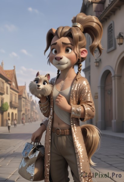 1girl,smile,brown hair,shirt,long sleeves,navel,holding,animal ears,brown eyes,jacket,tail,ponytail,outdoors,open clothes,sky,solo focus,day,midriff,belt,pants,artist name,signature,bag,blurry,blue sky,coat,blurry background,animal,thick eyebrows,high ponytail,building,furry,walking,dog,open coat,brown jacket,handbag,city,furry female,female child,road,holding bag,brown pants,brown coat,lamppost,street,town,pavement,solo,long hair,breasts,jewelry,standing,braid,depth of field,extra ears,belt buckle,brown belt,people