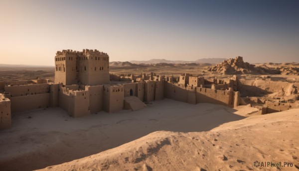 outdoors,sky,day,blue sky,no humans,building,scenery,sunset,mountain,city,sand,road,cityscape,landscape,desert,cloud,water,ocean,beach,rock,horizon,ruins,castle,shore,cliff