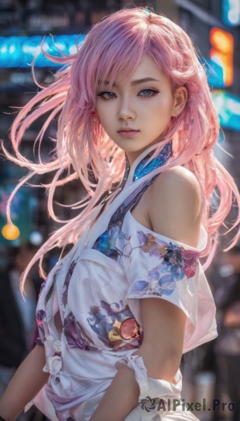 1girl,solo,long hair,looking at viewer,bangs,blue eyes,shirt,bare shoulders,jewelry,closed mouth,white shirt,upper body,pink hair,short sleeves,earrings,outdoors,off shoulder,blurry,lips,grey eyes,makeup,blurry background,floral print,realistic,nose,breasts,skirt,artist name,from side,eyelashes,floating hair,depth of field,watermark,piercing,wind,ear piercing,print shirt,badge,mascara