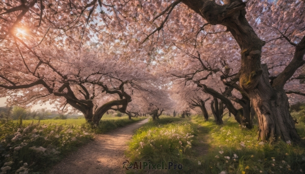 flower, outdoors, tree, no humans, grass, cherry blossoms, nature, scenery, road, path