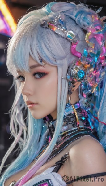 1girl,solo,long hair,breasts,looking at viewer,bangs,blue eyes,large breasts,hair ornament,cleavage,bare shoulders,jewelry,closed mouth,blue hair,upper body,ponytail,pink hair,white hair,multicolored hair,earrings,mole,blurry,from side,lips,grey eyes,eyelashes,gradient hair,makeup,blurry background,headgear,portrait,eyeshadow,science fiction,realistic,nose,eyeliner,cable,grey hair,sidelocks,parted lips,artist name,collar,headphones,expressionless,close-up,cyberpunk