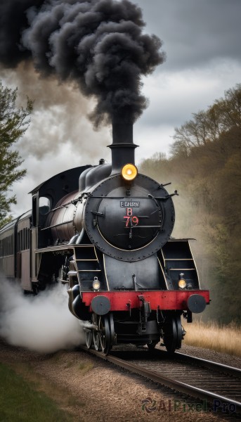 outdoors,sky,day,cloud,tree,military,no humans,grass,ground vehicle,nature,motor vehicle,forest,smoke,military vehicle,tank,vehicle focus,train,caterpillar tracks,railroad tracks,multiple boys,cloudy sky