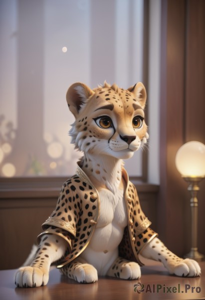 solo,shirt,1boy,brown eyes,sitting,closed mouth,jacket,short sleeves,open clothes,artist name,indoors,signature,blurry,no humans,window,open shirt,depth of field,blurry background,animal,table,curtains,animal print,furry,reflection,brown jacket,lamp,animal focus,whiskers,yellow eyes,tiger,leopard print