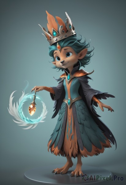 1girl,solo,smile,short hair,blue eyes,simple background,long sleeves,dress,holding,animal ears,jewelry,closed mouth,blue hair,standing,full body,green hair,pointy ears,wide sleeves,gradient,gradient background,blue dress,feathers,crown,gem,claws,furry,lantern,furry female,body fur,animal nose,feather trim,holding lantern,barefoot,artist name,grey background