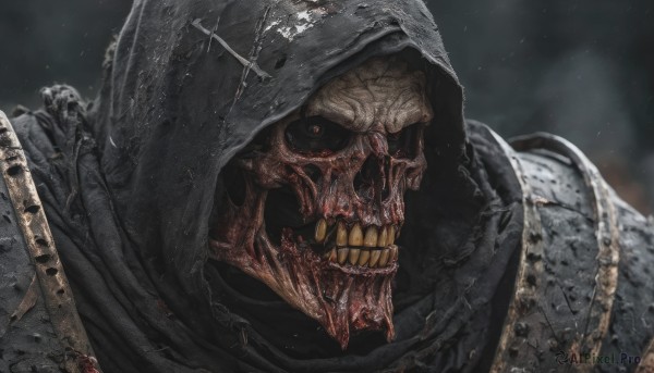 solo,looking at viewer,open mouth,red eyes,1boy,upper body,weapon,male focus,teeth,hood,armor,blurry,blurry background,shoulder armor,portrait,cloak,1other,hood up,colored sclera,pauldrons,skull,monster,black sclera,hooded cloak,tongue,no humans,blood,skeleton,horror (theme),undead