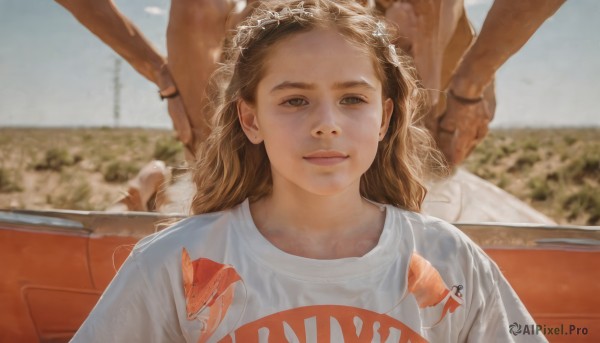 1girl,solo,long hair,looking at viewer,smile,brown hair,shirt,brown eyes,jewelry,closed mouth,white shirt,upper body,outdoors,solo focus,day,blurry,lips,depth of field,blurry background,ring,ground vehicle,t-shirt,motor vehicle,realistic,car,print shirt,multiple boys,sky,bracelet,blue sky,hands on hips