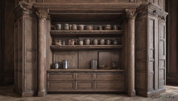 day,indoors,no humans,window,scenery,stairs,door,pillar,arch,column,bottle,box,wooden floor,shelf,jar,still life,cabinet,wood