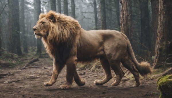 solo,full body,outdoors,day,signature,tree,no humans,animal,grass,nature,forest,walking,realistic,animal focus,tusks,lion,standing,bear