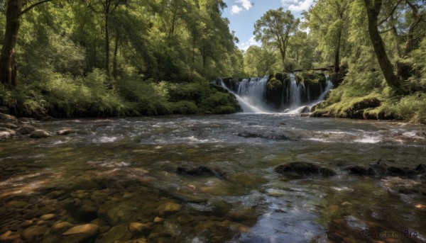 outdoors,sky,day,cloud,water,tree,blue sky,no humans,sunlight,nature,scenery,forest,rock,river,waterfall,landscape,stream,grass