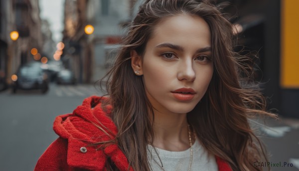 1girl,solo,long hair,looking at viewer,brown hair,shirt,brown eyes,jewelry,jacket,white shirt,upper body,earrings,outdoors,parted lips,necklace,blurry,lips,depth of field,blurry background,piercing,messy hair,portrait,motor vehicle,red jacket,forehead,freckles,realistic,red lips,makeup,lipstick,ground vehicle,wind,nose,car,stud earrings,road,street,bokeh