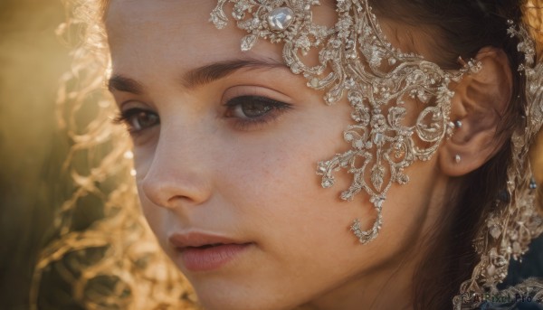 1girl,solo,looking at viewer,brown hair,hair ornament,brown eyes,jewelry,closed mouth,earrings,lips,eyelashes,portrait,close-up,freckles,realistic,nose,short hair,black hair,expressionless,gem