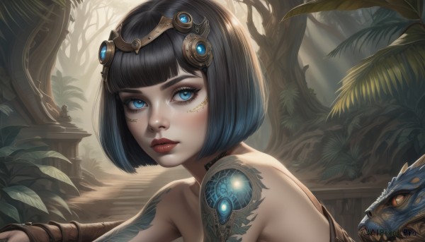 1girl,solo,looking at viewer,short hair,bangs,blue eyes,black hair,hair ornament,bare shoulders,closed mouth,blue hair,upper body,outdoors,blunt bangs,tree,lips,eyelashes,tattoo,makeup,facial mark,bob cut,plant,lipstick,nature,eyeshadow,forest,realistic,nose,dragon,red lips,eyeliner,arm tattoo,facial tattoo,mascara,day,from side,leaf,portrait,snake,facepaint,egyptian