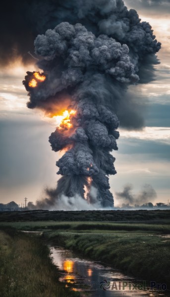 outdoors,sky,cloud,water,no humans,cloudy sky,grass,fire,building,scenery,smoke,reflection,monster,explosion,power lines,river,burning