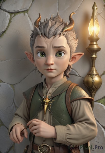 solo,looking at viewer,short hair,brown hair,shirt,long sleeves,1boy,closed mouth,green eyes,white shirt,upper body,grey hair,male focus,horns,pointy ears,belt,bag,vest,child,freckles,lantern,fantasy,male child,wall,stone wall,artist name,lips,thick eyebrows