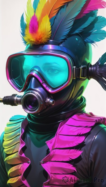 1girl,solo,simple background,white background,jacket,upper body,vest,mask,feathers,goggles,portrait,1other,hat feather,colorful,gas mask,blue feathers,helmet,feather hair ornament