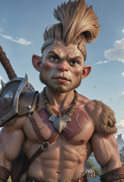 solo,looking at viewer,short hair,blonde hair,brown hair,1boy,navel,brown eyes,jewelry,closed mouth,nipples,upper body,weapon,male focus,outdoors,sky,day,pointy ears,belt,sword,artist name,cloud,necklace,stomach,armor,blue sky,lips,tattoo,muscular,facial hair,bird,scar,abs,pectorals,muscular male,shoulder armor,gauntlets,bara,beard,scar on face,large pectorals,pauldrons,topless male,realistic,goatee,leather,bare pectorals,shoulder pads,harness,weapon on back,navel hair,mohawk,single pauldron,cape,veins,mountain,nose,manly,chest hair