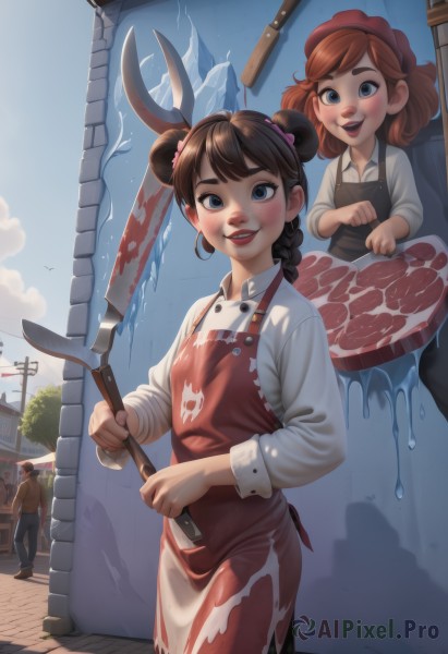 looking at viewer,blush,smile,short hair,open mouth,bangs,blue eyes,multiple girls,brown hair,shirt,black hair,long sleeves,1boy,hat,holding,2girls,standing,white shirt,braid,outdoors,food,sky,teeth,solo focus,day,collared shirt,hair bun,apron,twin braids,tree,blue sky,lips,double bun,blood,knife,child,freckles,female child,holding knife,mother and daughter,meat,red apron,cleaver,weapon,signature,grin,makeup,red lips