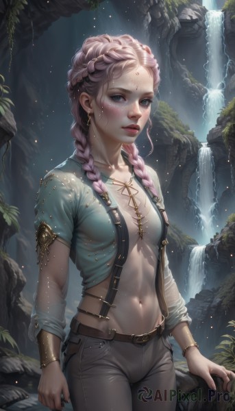 1girl,solo,long hair,breasts,looking at viewer,blush,blue eyes,shirt,long sleeves,navel,cleavage,jewelry,medium breasts,green eyes,standing,collarbone,pink hair,braid,short sleeves,cowboy shot,earrings,small breasts,outdoors,parted lips,teeth,midriff,belt,pants,artist name,signature,water,necklace,stomach,nail polish,twin braids,bracelet,lips,crop top,wet,eyelashes,no bra,makeup,watermark,facial mark,piercing,suspenders,denim,lipstick,hair over shoulder,web address,buckle,freckles,toned,gold trim,jeans,rock,forehead mark,realistic,nose,red lips,brown belt,bracer,grey pants,waterfall,mascara,cave,multiple braids,see-through,abs