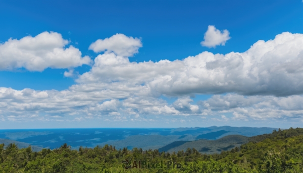 outdoors,sky,day,cloud,water,tree,blue sky,no humans,ocean,cloudy sky,grass,nature,scenery,forest,mountain,horizon,summer,landscape,mountainous horizon,hill,island