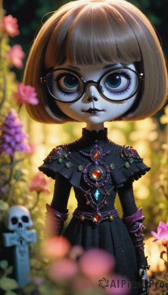 1girl,solo,looking at viewer,short hair,bangs,blue eyes,brown hair,gloves,long sleeves,dress,jewelry,closed mouth,standing,flower,outdoors,parted lips,glasses,artist name,blunt bangs,necklace,blurry,black dress,eyelashes,makeup,capelet,depth of field,blurry background,colored skin,bob cut,cross,lipstick,brooch,gauntlets,gem,child,eyeshadow,black-framed eyewear,skull,round eyewear,female child,mascara,black lips,mole,lips,freckles