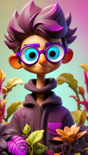 solo,looking at viewer,short hair,blue eyes,brown hair,1boy,closed mouth,jacket,upper body,purple hair,flower,male focus,multicolored hair,glasses,hood,gradient,gradient background,hoodie,leaf,plant,spiked hair,yellow flower,purple flower,male child,purple-framed eyewear,artist name,blurry,frown,watermark,purple hoodie