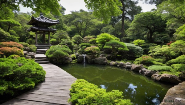 outdoors,day,water,tree,no humans,sunlight,grass,nature,scenery,forest,rock,stairs,road,bush,architecture,bridge,east asian architecture,river,shrine,path,pond,stone lantern,sky,traditional media