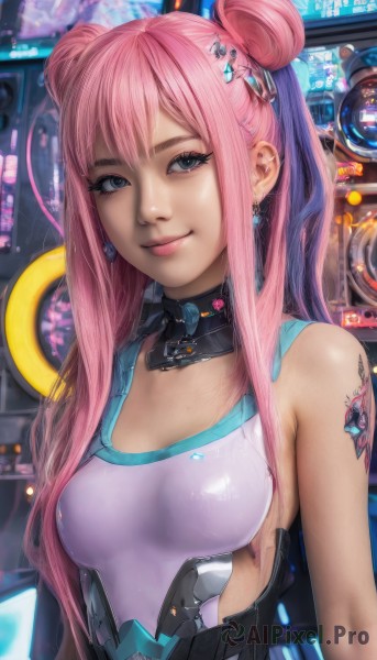 1girl,solo,long hair,breasts,looking at viewer,smile,bangs,blue eyes,hair ornament,bare shoulders,twintails,jewelry,medium breasts,swimsuit,upper body,pink hair,earrings,hair bun,lips,grey eyes,double bun,tattoo,makeup,piercing,science fiction,realistic,nose,arm tattoo,cyberpunk,closed mouth,sidelocks,small breasts,choker,artist name,eyelashes,tank top