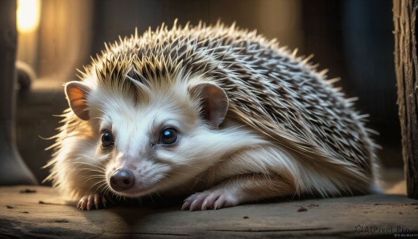 HQ,solo,blue eyes,closed mouth,artist name,indoors,signature,blurry,no humans,depth of field,blurry background,animal,watermark,cat,web address,realistic,animal focus,mouse,whiskers,lion,looking at viewer