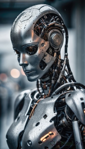 1girl,solo,breasts,looking at viewer,medium breasts,upper body,blurry,lips,depth of field,blurry background,colored skin,robot,science fiction,realistic,android,joints,cable,cyborg,robot joints,cyberpunk,humanoid robot,parted lips,armor,from side,portrait,close-up,machinery,mechanical parts