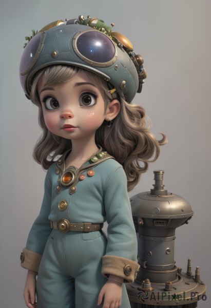 1girl,solo,long hair,looking at viewer,simple background,brown hair,hair ornament,long sleeves,hat,brown eyes,jewelry,closed mouth,standing,cowboy shot,earrings,hairclip,belt,pants,grey background,lips,gradient,gradient background,buttons,helmet,goggles,child,freckles,curly hair,arms at sides,female child,stud earrings,overalls,goggles on headwear,realistic