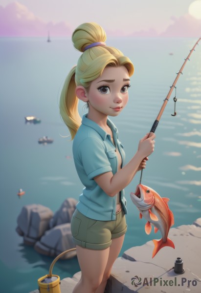 1girl,solo,long hair,looking at viewer,smile,blonde hair,shirt,holding,brown eyes,closed mouth,standing,ponytail,short sleeves,outdoors,open clothes,shorts,day,collared shirt,belt,water,blurry,lips,short shorts,ocean,animal,beach,blue shirt,child,freckles,fish,pocket,rock,bucket,green shorts,fishing rod,fishing,holding fishing rod,fishing line,blush,jacket,hair bun,blurry background,thick eyebrows,scenery,sunset,brown shorts,river