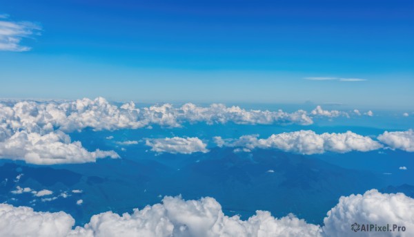 monochrome,outdoors,sky,day,cloud,blue sky,no humans,bird,ocean,cloudy sky,scenery,blue theme,mountain,horizon,landscape,above clouds