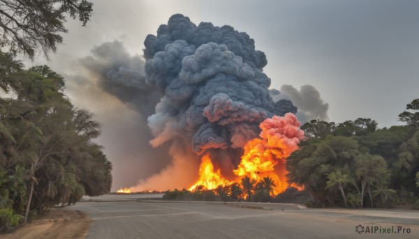 outdoors,sky,day,cloud,tree,blue sky,no humans,cloudy sky,fire,nature,scenery,forest,smoke,road,bush,explosion,street,burning