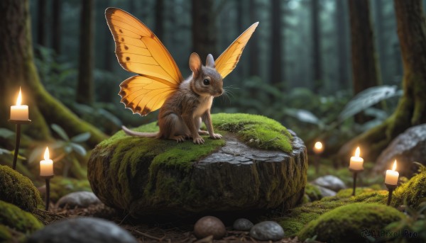 outdoors,wings,blurry,tree,no humans,depth of field,blurry background,animal,grass,bug,nature,scenery,forest,rock,realistic,candle,fairy,mushroom,animal focus,mouse,whiskers,moss,tree stump,solo,day,fire