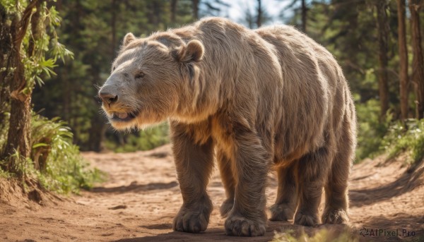 outdoors,day,blurry,tree,no humans,depth of field,blurry background,animal,grass,plant,nature,forest,realistic,animal focus,bear,standing,signature,lion