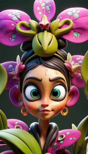 1girl,solo,looking at viewer,simple background,black hair,hair ornament,jewelry,green eyes,upper body,flower,sweat,earrings,parted lips,hair flower,hair bun,lips,eyelashes,makeup,leaf,plant,lipstick,monster girl,freckles,green background,wide-eyed,nose,brown hair,hairband,dark skin,dark-skinned female,black background