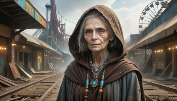 HQ,1girl,solo,looking at viewer,blue eyes,jewelry,closed mouth,upper body,white hair,grey hair,earrings,outdoors,sky,day,cloud,hood,necklace,lips,cloudy sky,building,cloak,hood up,beads,realistic,old,bridge,hooded cloak,old man,train station,railroad tracks,old woman,dress,scenery,city,bead necklace,pearl necklace