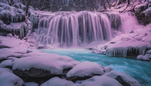 A breathtaking snowy outdoors featuring a waterfall