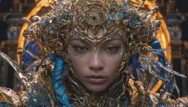 1girl,solo,long hair,looking at viewer,hair ornament,brown eyes,jewelry,closed mouth,blue hair,braid,multicolored hair,artist name,dark skin,armor,blurry,lips,grey eyes,eyelashes,makeup,depth of field,blurry background,expressionless,helmet,feathers,gem,portrait,close-up,circlet,crystal,realistic,nose,fantasy,straight-on,gold,blue gemstone,blonde hair,parted lips,freckles,headdress