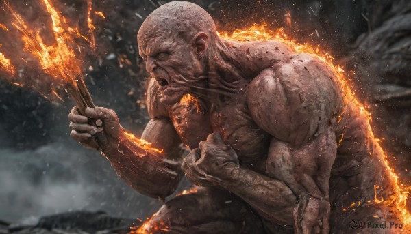 solo,open mouth,1boy,holding,male focus,outdoors,food,teeth,muscular,eating,holding food,fire,veins,realistic,bald,meat,embers,burning,campfire,from side,facial hair,muscular male,polearm,beard,topless male,fighting stance,manly,holding polearm,old,old man,sparks