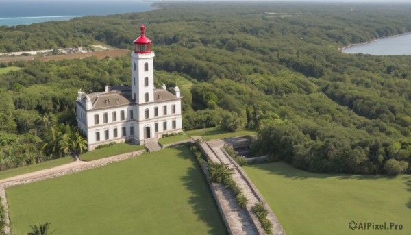 outdoors,sky,day,water,tree,no humans,grass,building,nature,scenery,forest,mountain,road,bush,house,bridge,river,castle,tower,landscape,path,hat,cloud,blue sky,ocean,field,lighthouse