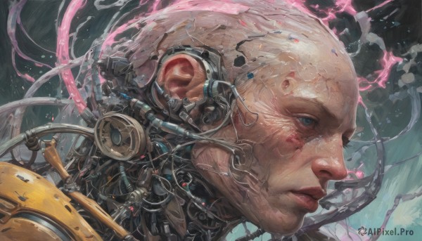 1girl,solo,looking at viewer,short hair,blue eyes,1boy,closed mouth,white hair,from side,lips,profile,scar,robot,portrait,scar on face,close-up,science fiction,veins,realistic,nose,android,cable,bald,old,cyborg,cyberpunk,mechanical parts,wire,male focus,damaged,gears