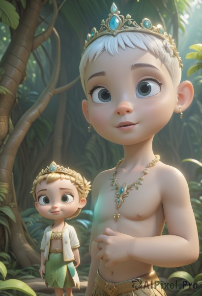 looking at viewer,smile,short hair,blue eyes,blonde hair,1boy,navel,jewelry,nipples,standing,white hair,male focus,earrings,outdoors,parted lips,multiple boys,day,2boys,necklace,black eyes,tree,tiara,crown,child,nature,forest,freckles,topless male,male child,siblings